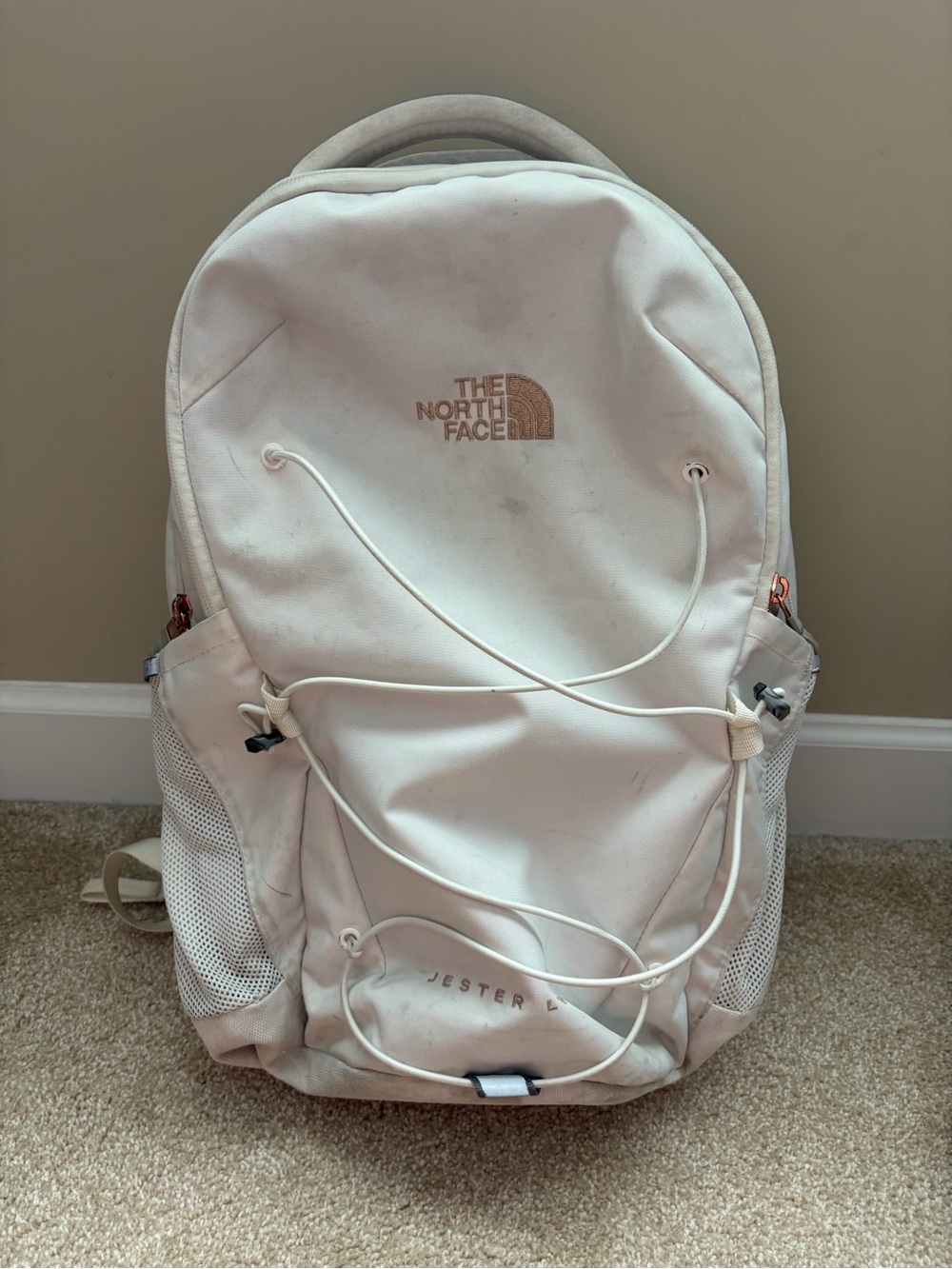 The North Face Jester V Backpack in White with Light Tan Logo